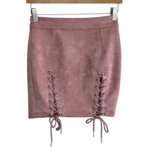 B X Runaway | Blush Pink Laced Up Detail Faux Suede Mini Skirt Size XS
